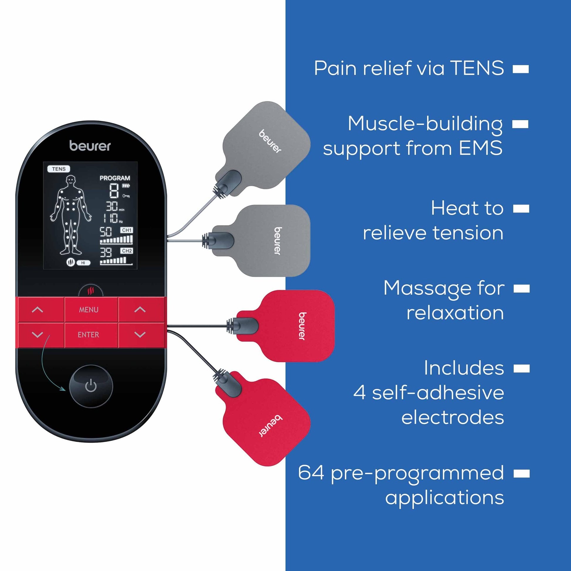 Beurer EM59 Digital 3-in-1 TENS, EMS & Heat Therapy Device for Pain Relief and Massage, Muscle Stimulator with 2 Adjustable Channels, 64 Applications, Timer Function - Medaid International