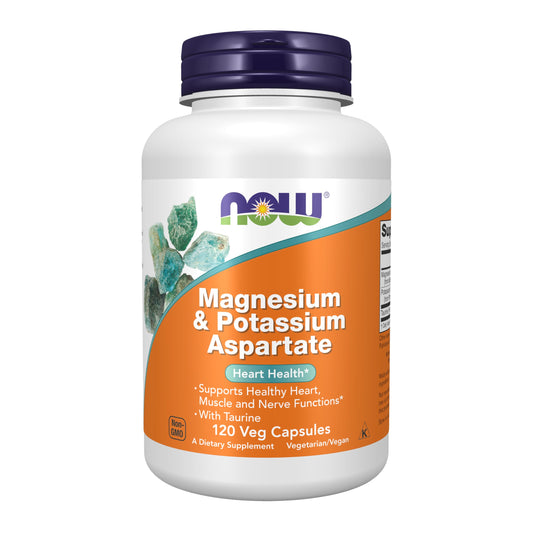 NOW Foods Supplements, Magnesium & Potassium Aspartate with Taurine, Heart Health*, 120 Veg Capsules - Medaid International