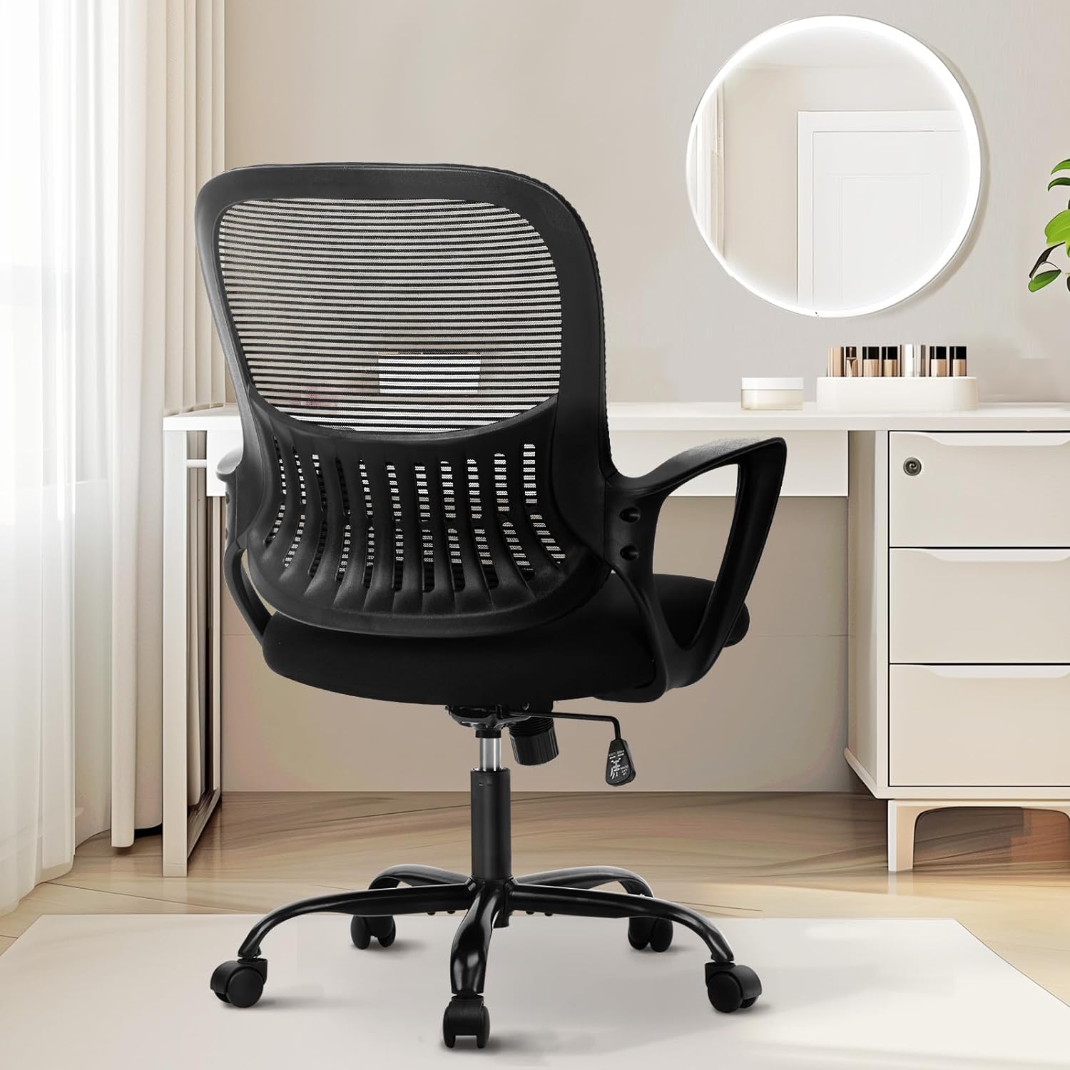 Sweetcrispy Office Computer Desk Managerial Executive Chair, Ergonomic Mid-Back Mesh Rolling Work Swivel Chairs with Wheels, Comfortable Lumbar Support, Comfy Arms for Home,Bedroom,Study,Student,Black - Medaid