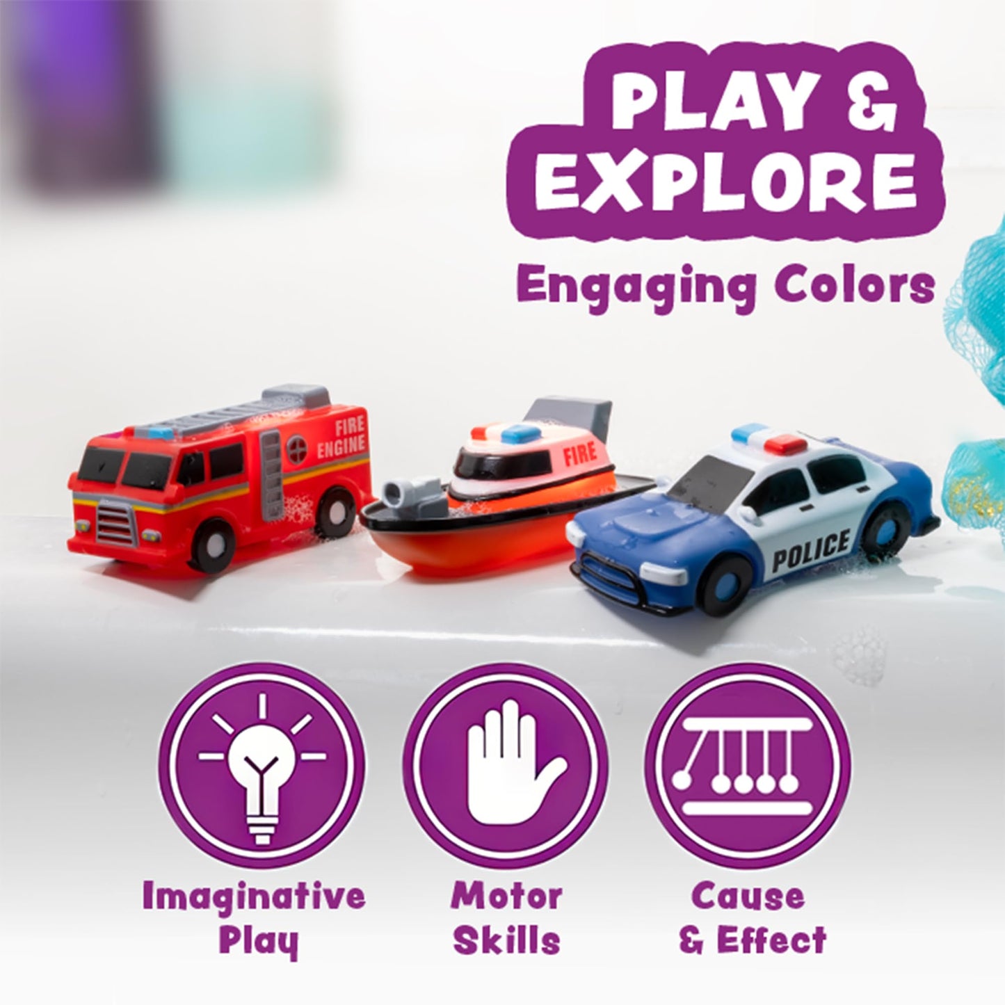 Tub Works® Emergency™ Cars Light Up Bath Toys, 6 Pack | Water-Activated Light Up Toys Flash & Change Color | Soft, Squeezable Baby & Toddler Bath Toys | Sensory Toys with Bath Lights for Kids Bath - Medaid International