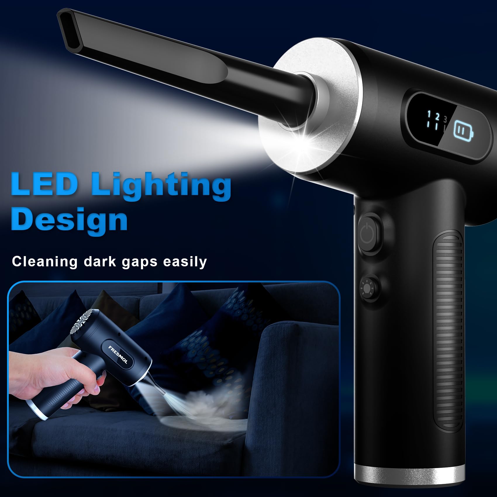 Compressed Air Duster-3 Gear Adjustable 100000RPM Electric Air Duster with LED Light, Rechargeable Cordless Air Blower for Keyboard Electric Devices Cleaning. Replaces Compressed Air Cans (Black) - Medaid International