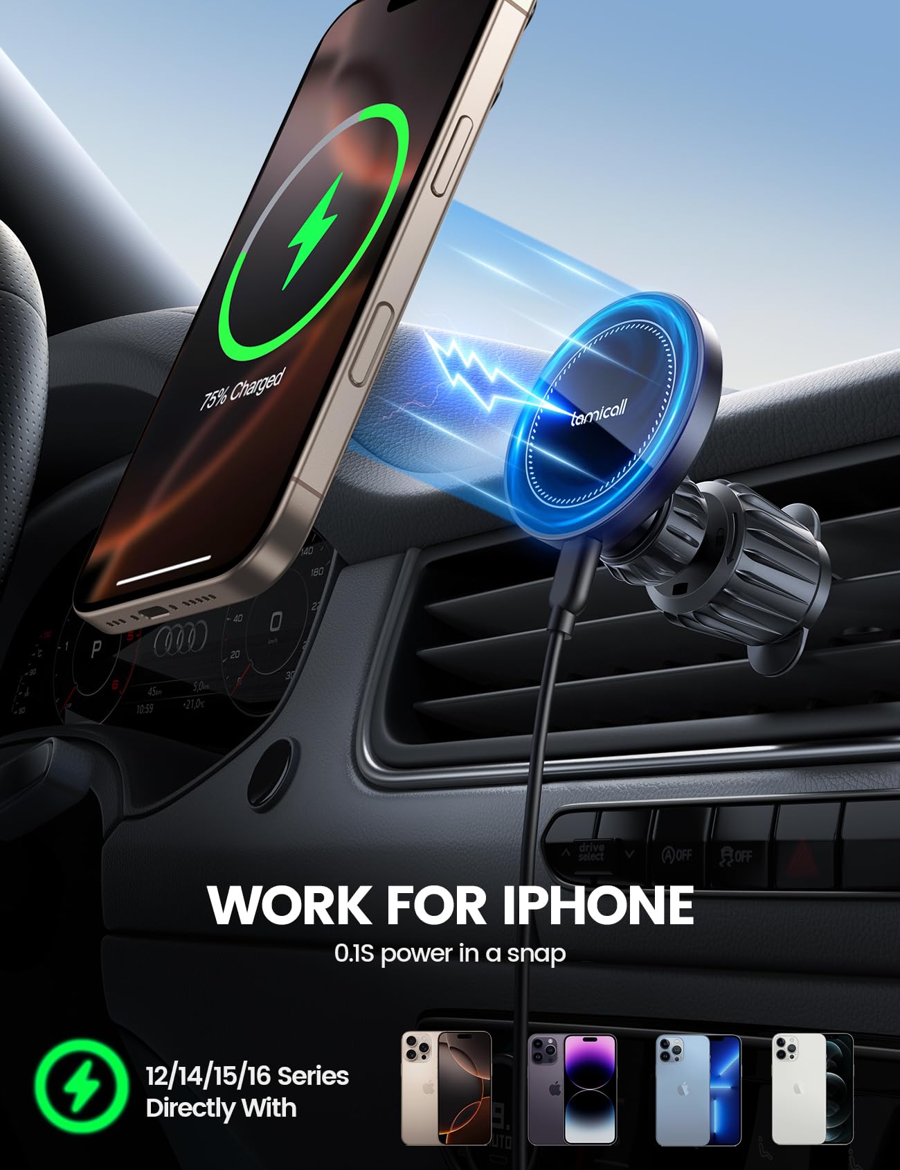 Lamicall 15W for Magsafe Car Mount Charger - [3-in-1 Upgraded Intelligent Chip] 360° Wireless Car Phone Holder Charger Vent Dashboard Magnetic Phone Holders for Your Car for iPhone 17 16 15 Pro Max - Medaid International