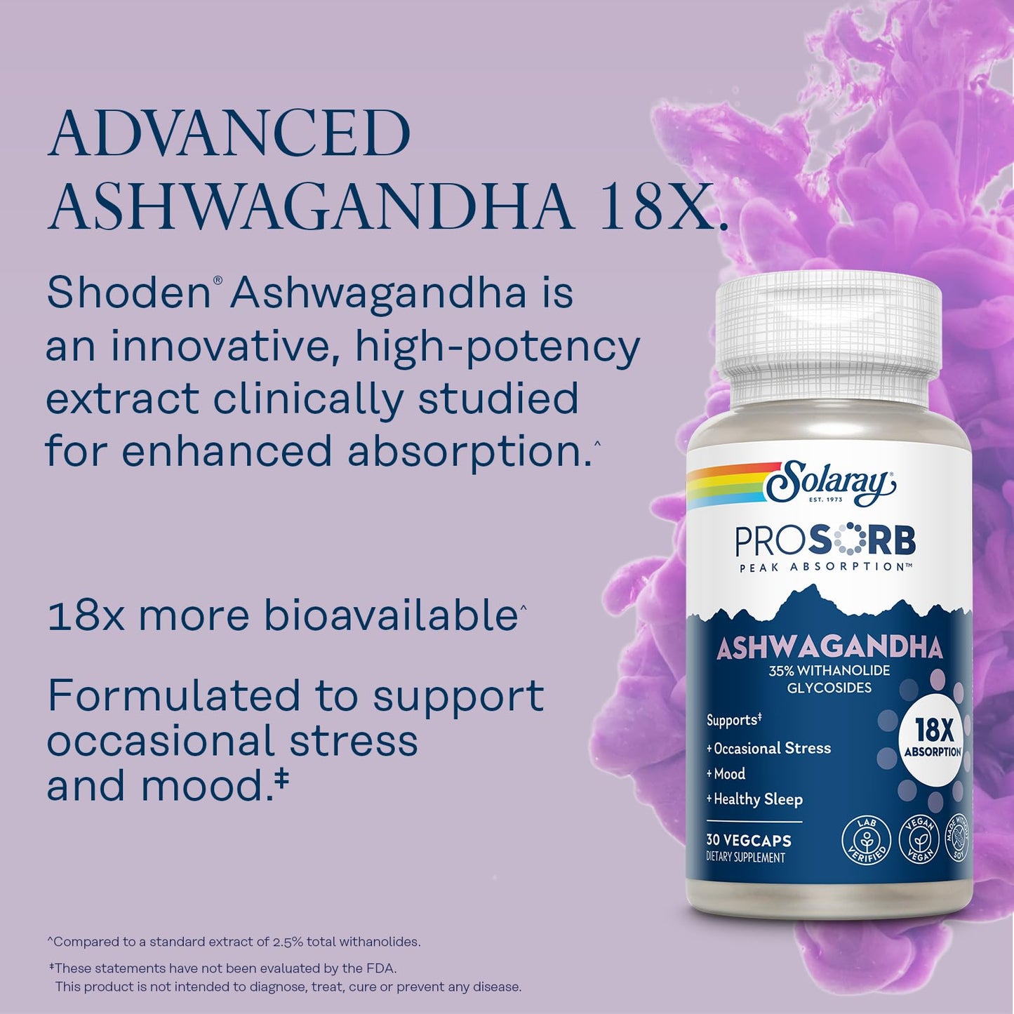 SOLARAY Ashwagandha Capsules 18X Absorption - Ashwagandha Root and Leaf Extract 240 mg - Occasional Stress Relief and Mood Support Supplement - Vegan, 60-Day Guarantee - 30 Servings, 30 VegCaps - Medaid International