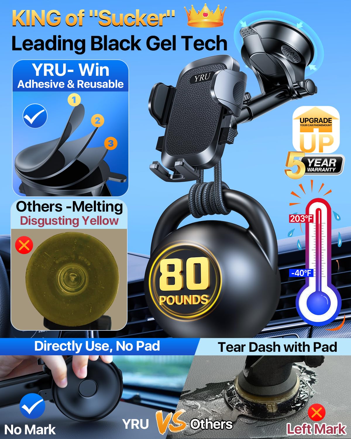 YRU [True Upgrade for Safety] Car Phone Holder Mount [Patent & Military-Grade] Dashboard Cell Phone Holder for Car Vent Windshield Phone Stand for iPhone 17 16 15 14 13 Pro Max Truck Samsung, Black - Medaid International