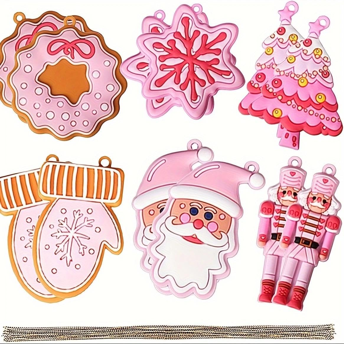 12Pcs Christmas Hanging Ornaments, Cute Pink Glove Traditional Snowman and Santa Designs for Xmas Tree and Party Supplies - Medaid International