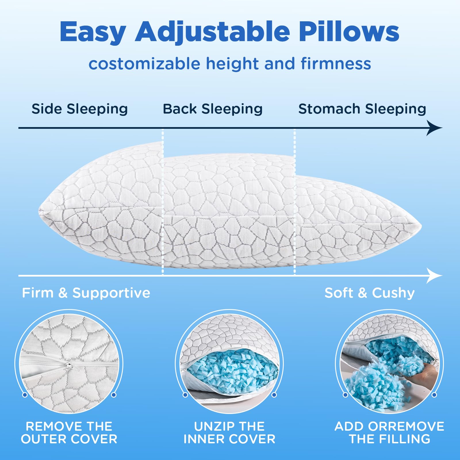 SUPA MODERN Cooling Pillows Queen Size Set of 2, Shredded Memory Foam Pillows for Sleeping 2 Pack, Adjustable Firm Bed Pillow for Side Back Stomach Sleepers, Cool Luxury Gel Pillow for Neck Support - Medaid International