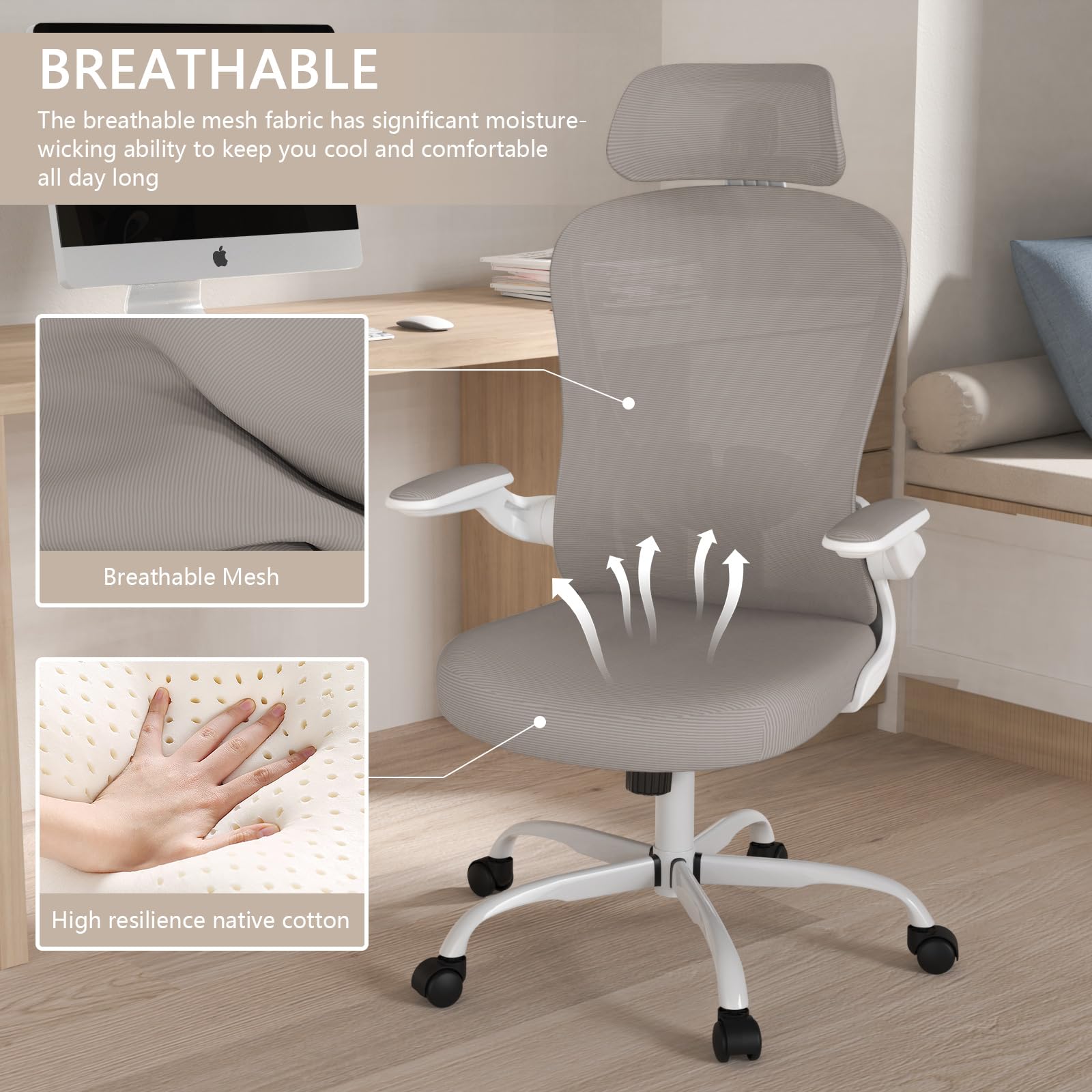 Office Chair, High Back Ergonomic Desk Chair, Breathable Mesh Desk Chair with Adjustable Lumbar Support and Headrest, Swivel Task Chair with flip-up Armrests, Executive Chair for Home Office - Medaid International