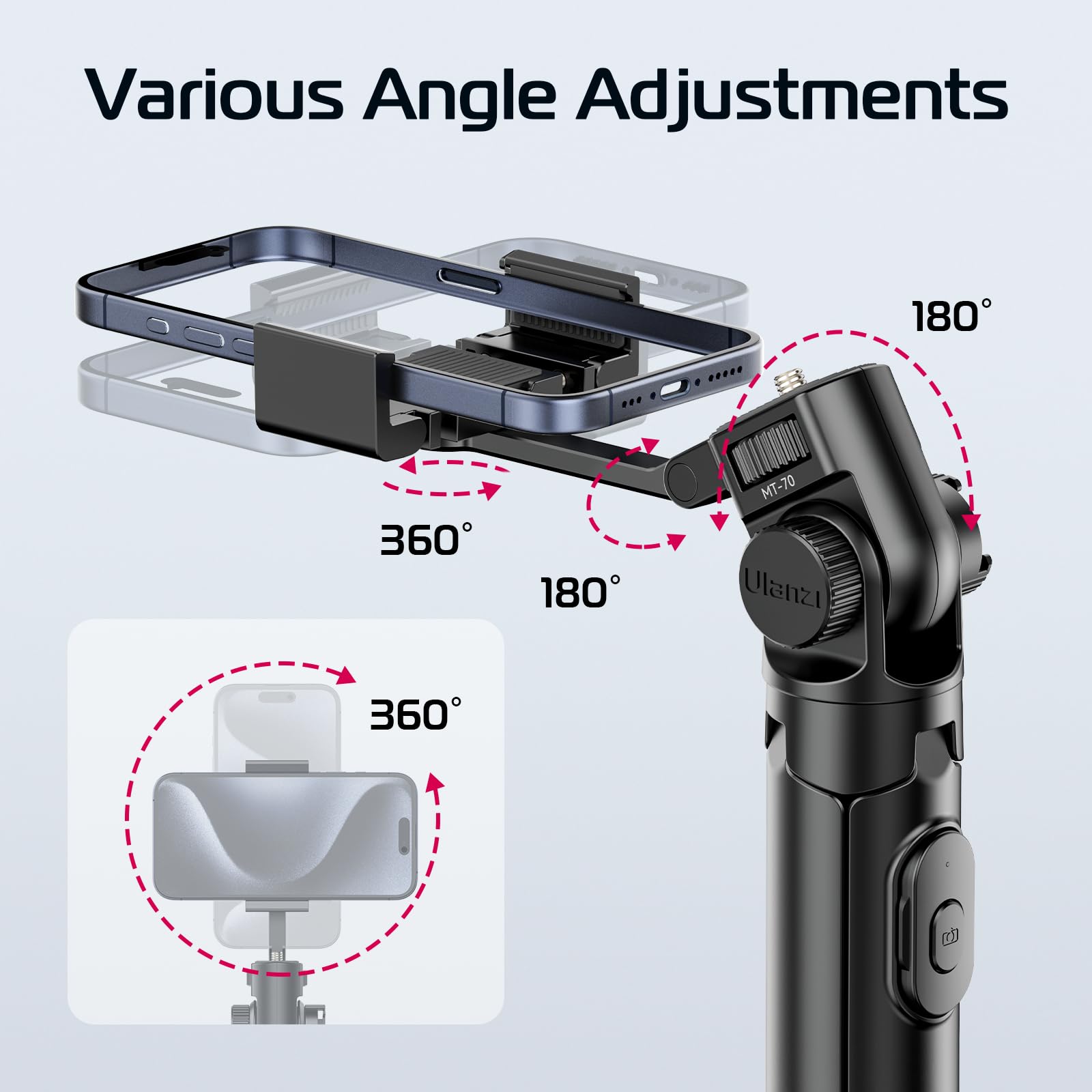 ULANZI MT-70 Extendable Tripod, 63" Selfie Stick Vlog Tripod Stand with 2 Phone Clips as Teleprompter, 360° Rotate Camera Holder for iPhone, Sony, Canon, DJI Osmo Nano, Lightweight for Travel, Black - Medaid International