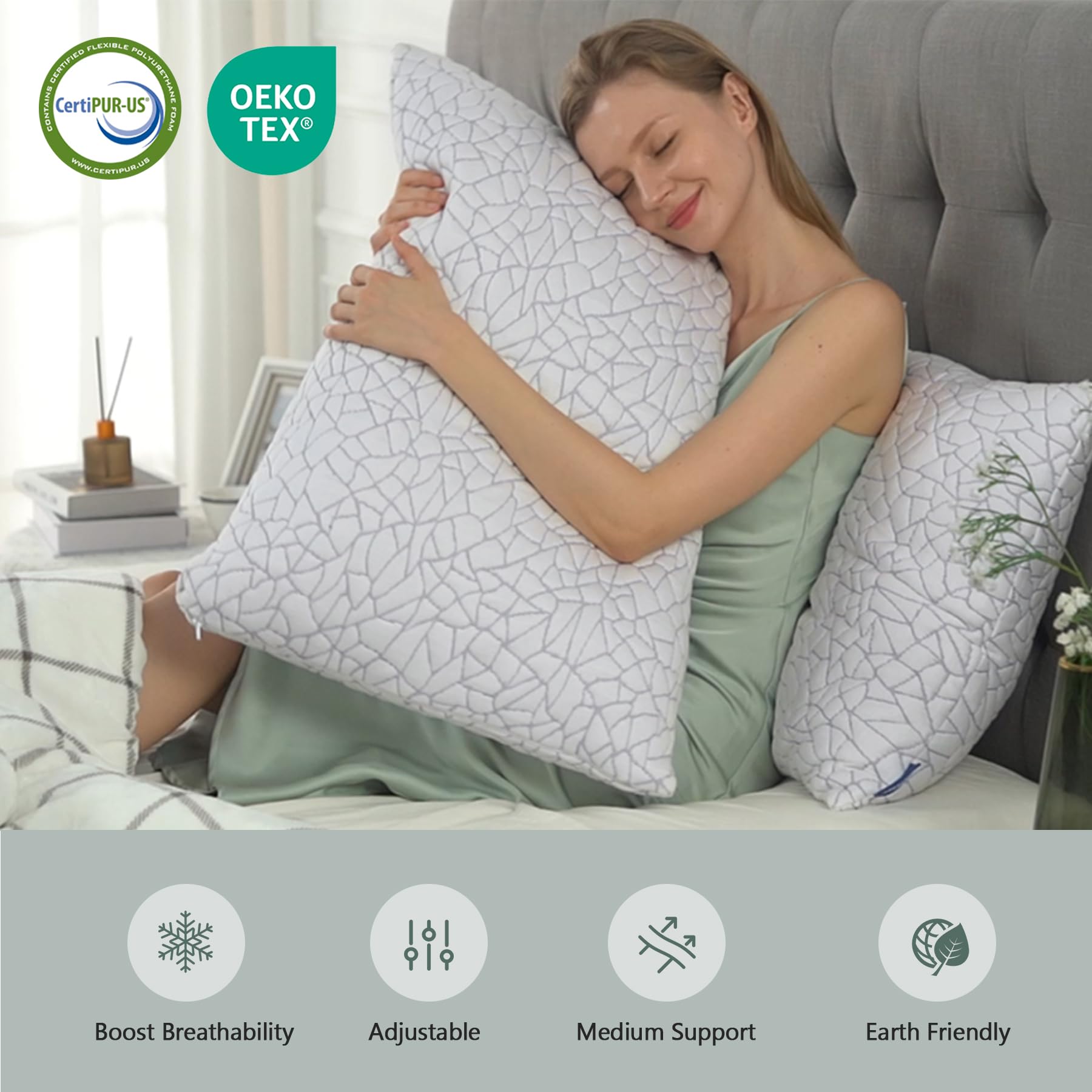 BPC Premium Rayon Derived from Bamboo Pillows Queen Size Set of 2 - Adjustable Shredded Memory Foam Pillow with Removable Cover Firm Pillow for Side Stomach and Back Sleepers, CertiPUR-US - Medaid International