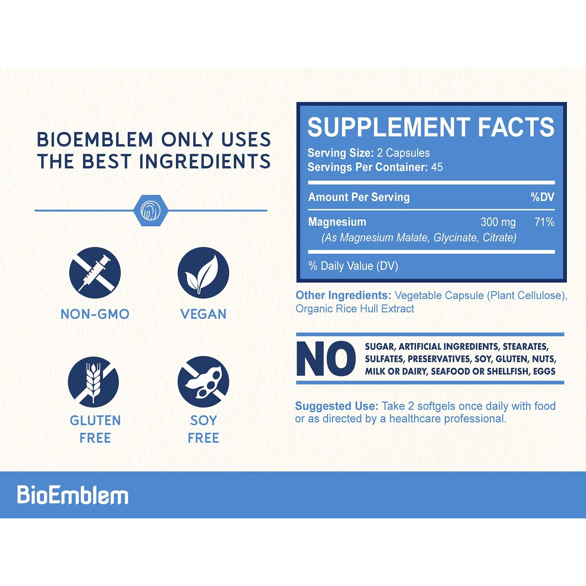 BioEmblem Triple Magnesium Complex | 300mg of Magnesium Glycinate, Malate, & Citrate for Muscles, Nerves, & Energy | High Absorption | Vegan, Non-GMO | 90 Capsules - Medaid International