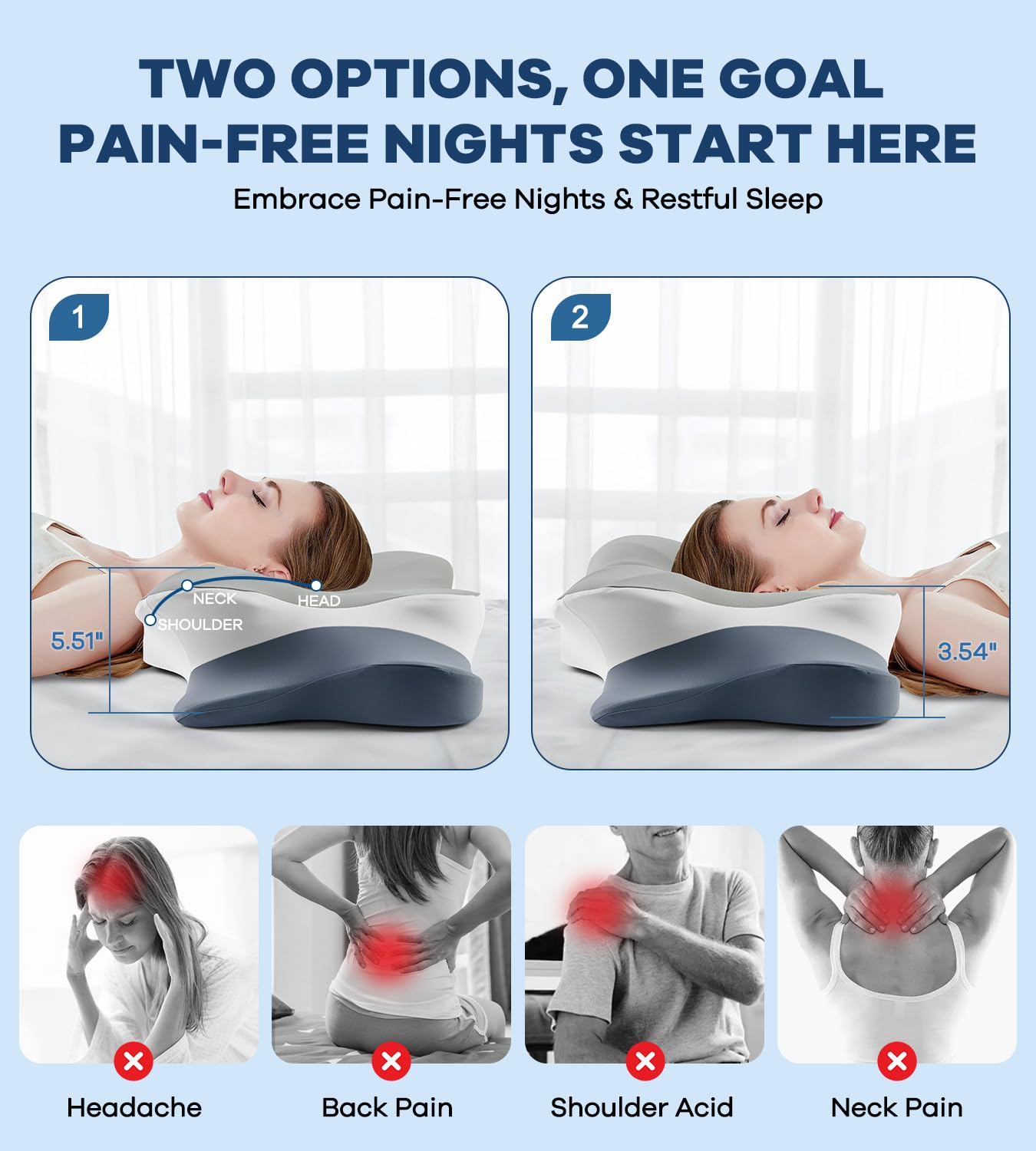 Cervical Pillow for Neck Pain Relief -Cooling Ergonomic Memory Foam Pillow with Ice Silk Pillowcase, Dual-Height Orthopedic Support Contour Pillow for Side/Back/Stomach Sleepers, CertiPUR-US Certified - Medaid International