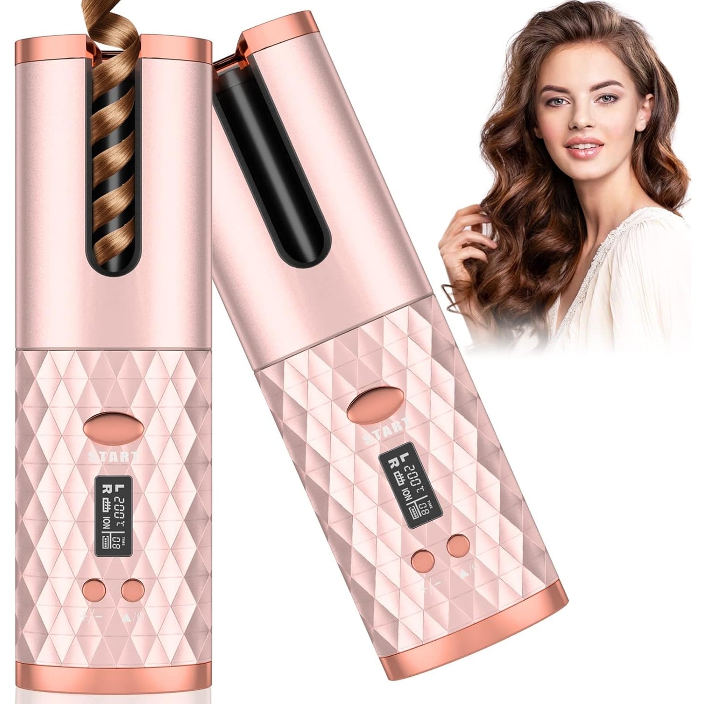 Automatic Curling Iron, Cordless Hair Curler Auto Hot Tools [6 Temp | 11 Timer | Auto Shut Off], Automatic Rotating Rechargeable Hair Curling Iron 1 inch, Portable Ceramic Travel Curling Wand, Pink - Medaid