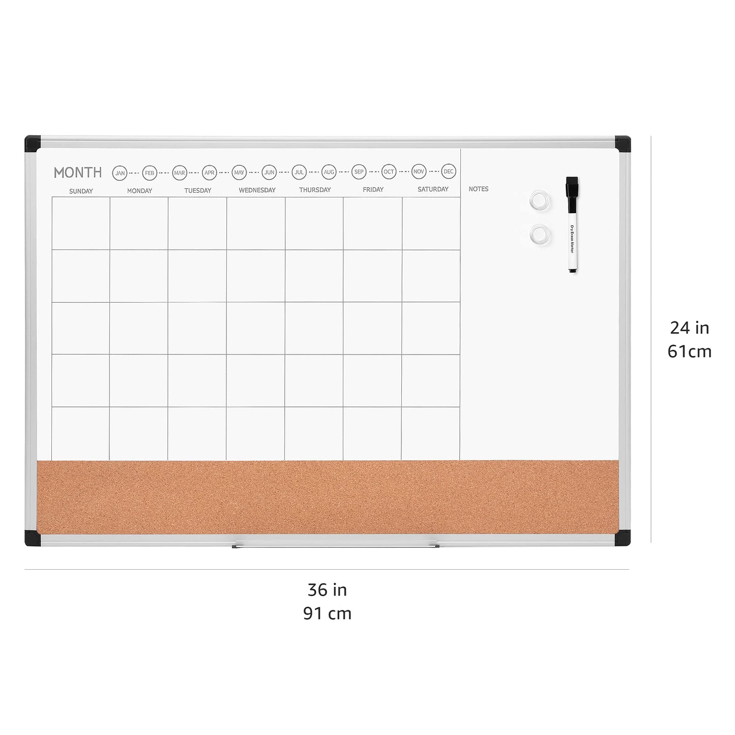 Amazon Basics 24" x 36" Monthly Whiteboard Calendar with Cork Board, Wall Mounted, Easy to Install, Silver Aluminum Frame - Medaid International