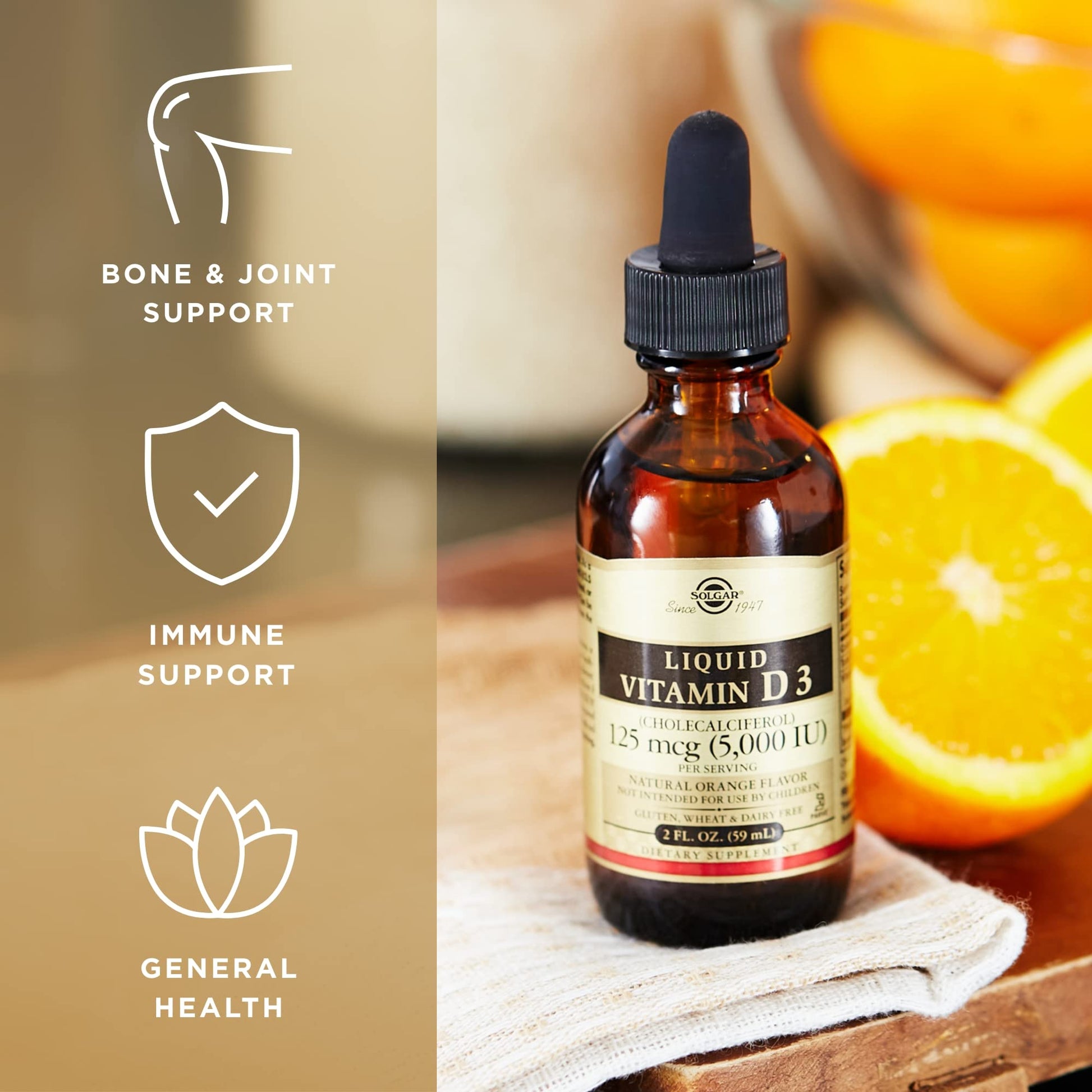 Solgar Liquid Vitamin D3 125 mcg (5,000 IU), 2 fl oz - Delicious, Natural Orange Flavor - Helps Maintain Healthy Bones & Teeth - Immune System Support - Gluten Free, Dairy Free, Kosher - 59 Servings - Medaid International