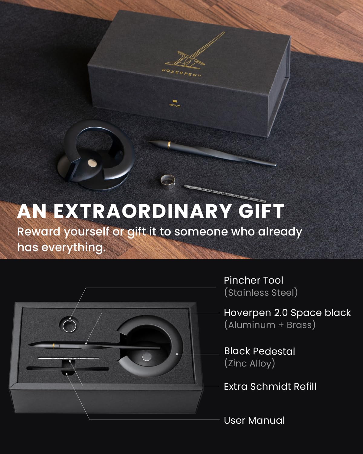 novium Hoverpen Interstellar - Space Black, Ballpoint Pen, 18K Gold-plated Pen Ring, 23.5 Degree Angle, Schmidt Ballpoint Refill, No Spills, No Spotting, No Explosions - Medaid International