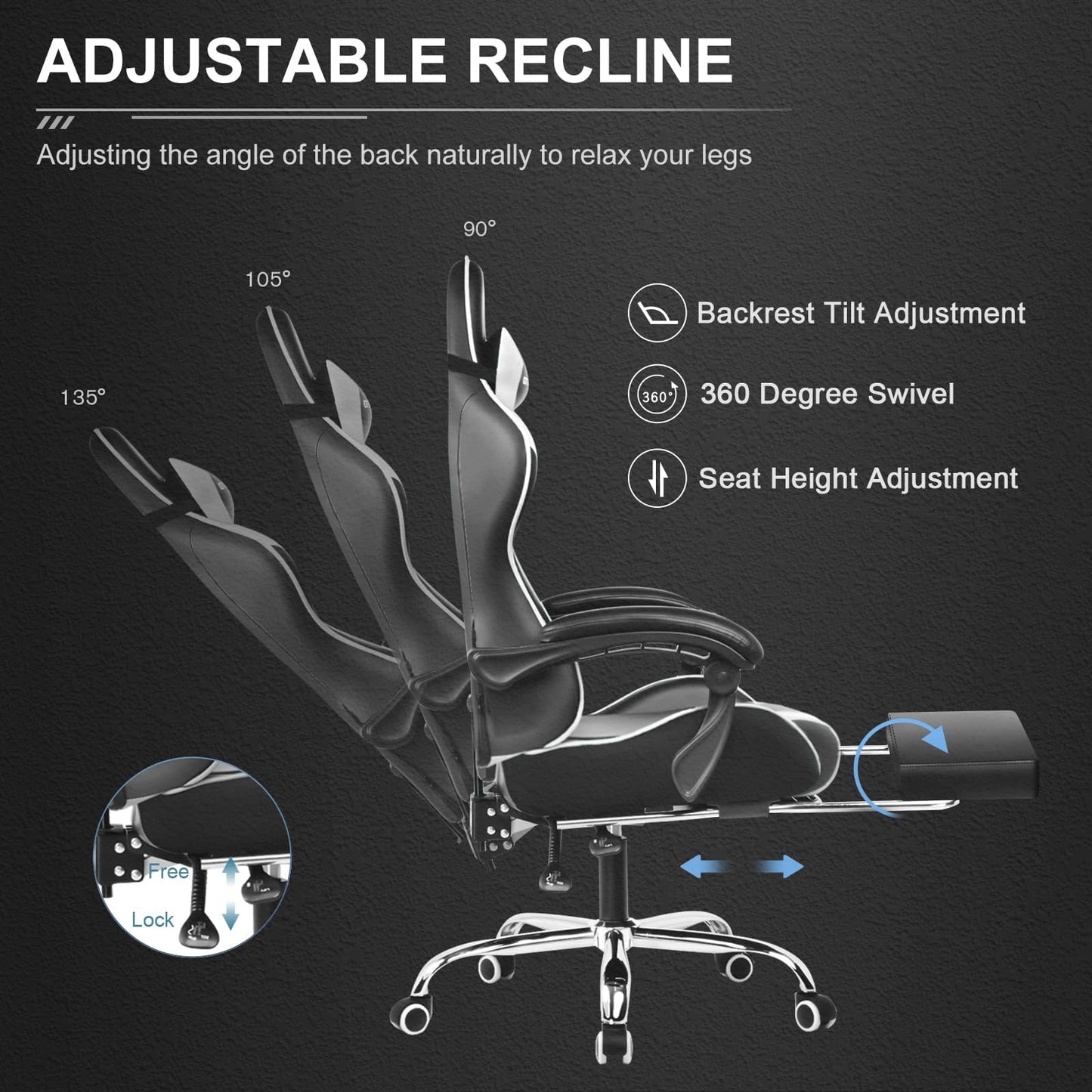GTPLAYER Gaming Chair, Computer Chair with Footrest and Lumbar Support, Height Adjustable Game Chair with 360°-Swivel Seat and Headrest and for Office or Gaming (Snow White) - Medaid International