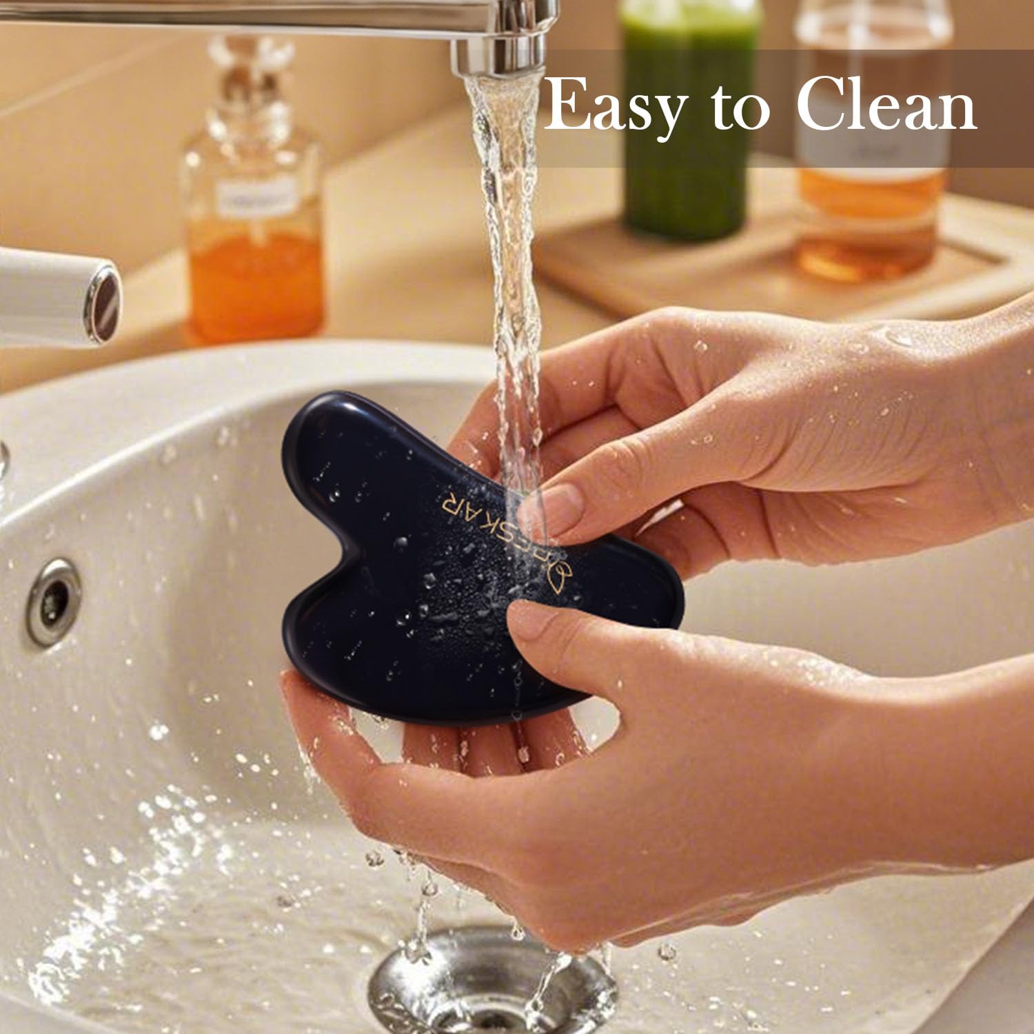 BESKAR Gua Sha Facial Tools, Natural Jade Stone Guasha Massager for Jawline Sculpting, Tighten Face Skin and Reduce Wrinkles, Face Eyes Body Neck Massage Tool, Skin Care Gift (Black) - Medaid International