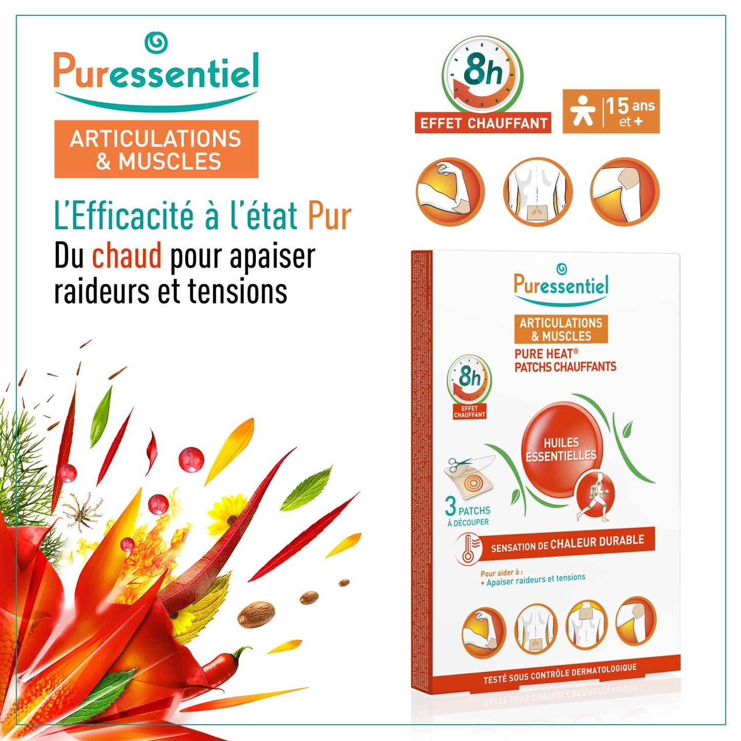 Puressentiel Muscles & Joints Heating Patches with 14 Essential Oils - Relieves Muscle Tension - 8 Hours Heating Action - Odorless, Comfortable and Adaptable - Epidermal Penetration - 3 Patches - Medaid International