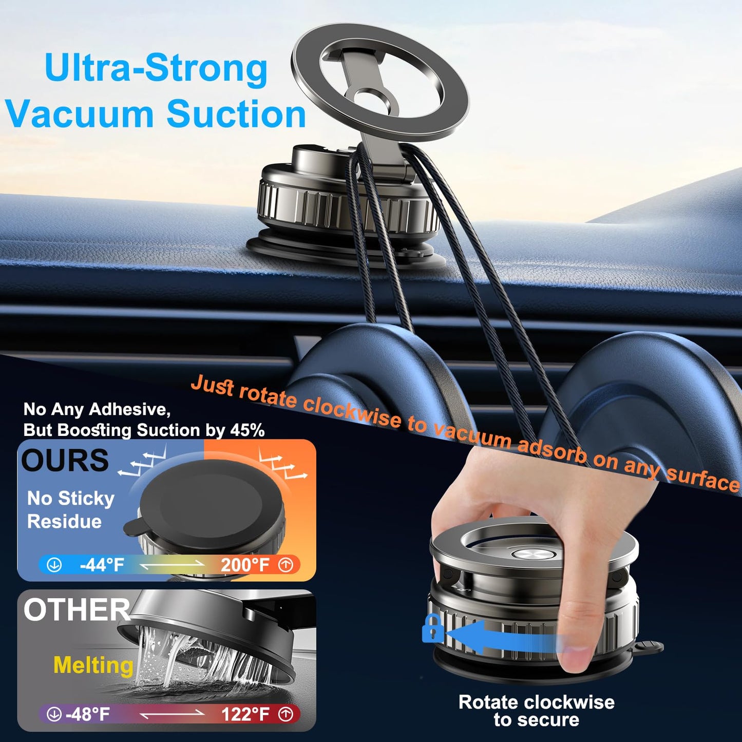 Kairiyard Vacuum Magnetic Phone Holders for Your Car, 360 Adjustable Foldable Strongest Magnet Suction Cup Car Cell Phone Holder Mount Stand Compatible with MagSafe iPhone All Smartphones - Medaid International
