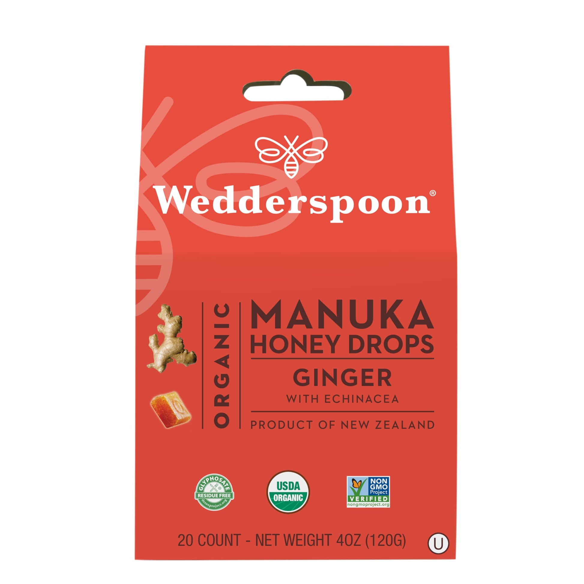 Wedderspoon Organic Manuka Honey Drops, Ginger & Echinacea, 20 Count (Pack of 1) | Genuine New Zealand Honey | Perfect Remedy For Dry Throats - Medaid International