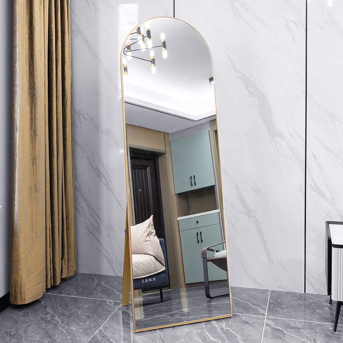 170 CM Modern Arched Floor Standing and Wall Mounted Mirror with Metal Frame Freestanding Mirror with Stand for Home Living Room Bedroom Gold - Medaid