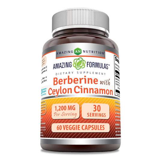 Amazing Formulas Berberine with Pure Ceylon Cinnamon 1200 Mg Per Serving | Premium Complex Supplement | Veggie Capsules | Non-GMO | Gluten Free | Made in USA (1 Pack, 60 Count) - Medaid International