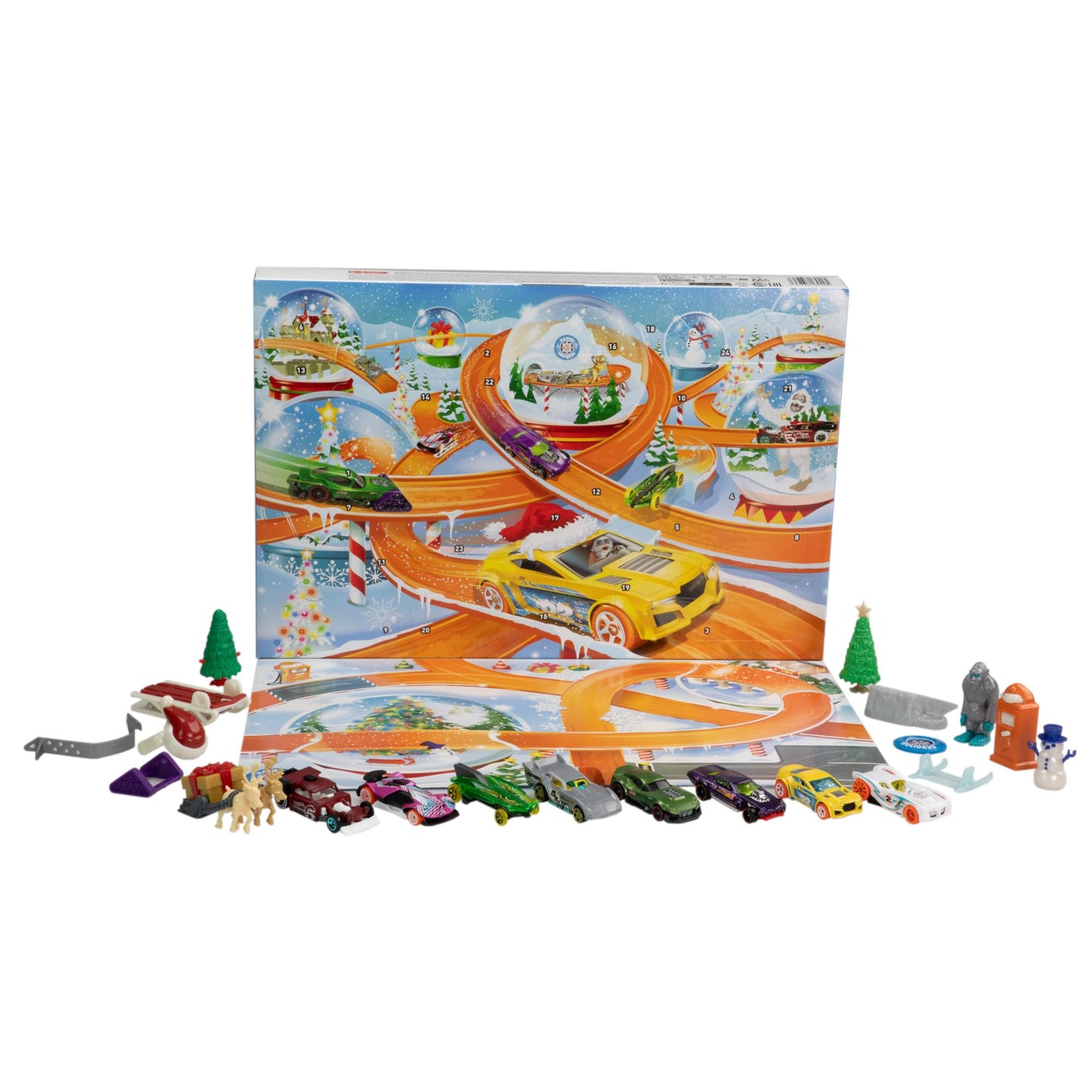 Hot Wheels Toy Cars, 2024 Advent Calendar, 8 1:64 Scale Cars, 16 Winter-Themed Accessories Behind 24 Numbered Doors & a Playmat - Medaid International