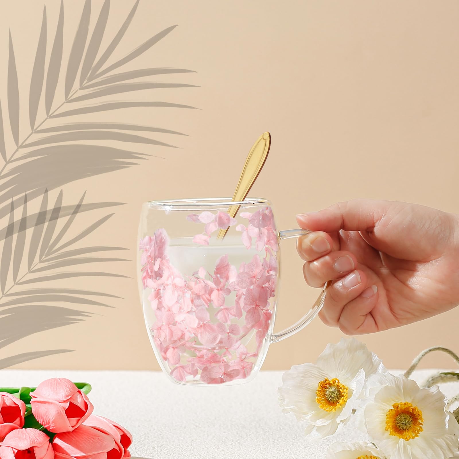 Gifts for Women Dried Flowers Double Wall Glass Coffee Mugs Cute Glass Tea Cups with Handles Autumn Mug Christmas Birthday Gifts for Best Friend Teacher Mum Gift New Home Gift Ideas Home Decor - Medaid International