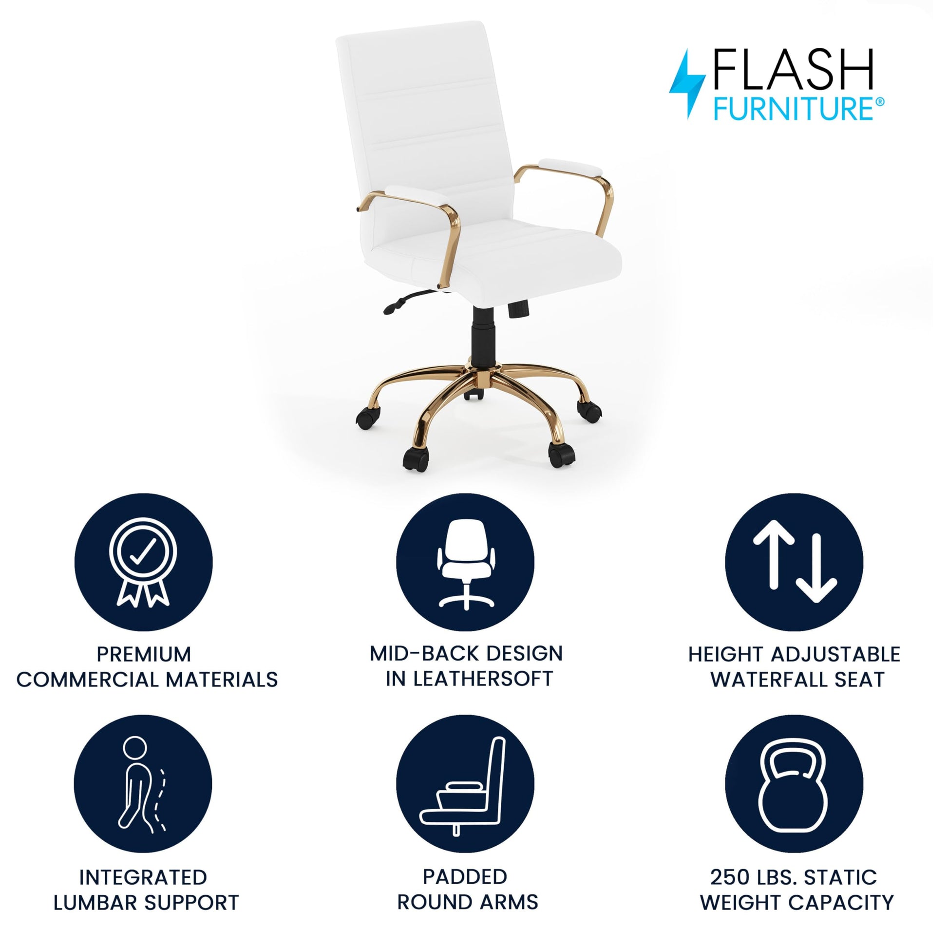 Flash Furniture Whitney Mid-Back Swivel LeatherSoft Desk Chair with Padded Seat and Armrests, Adjustable Height Padded Office Chair, White/Gold - Medaid International