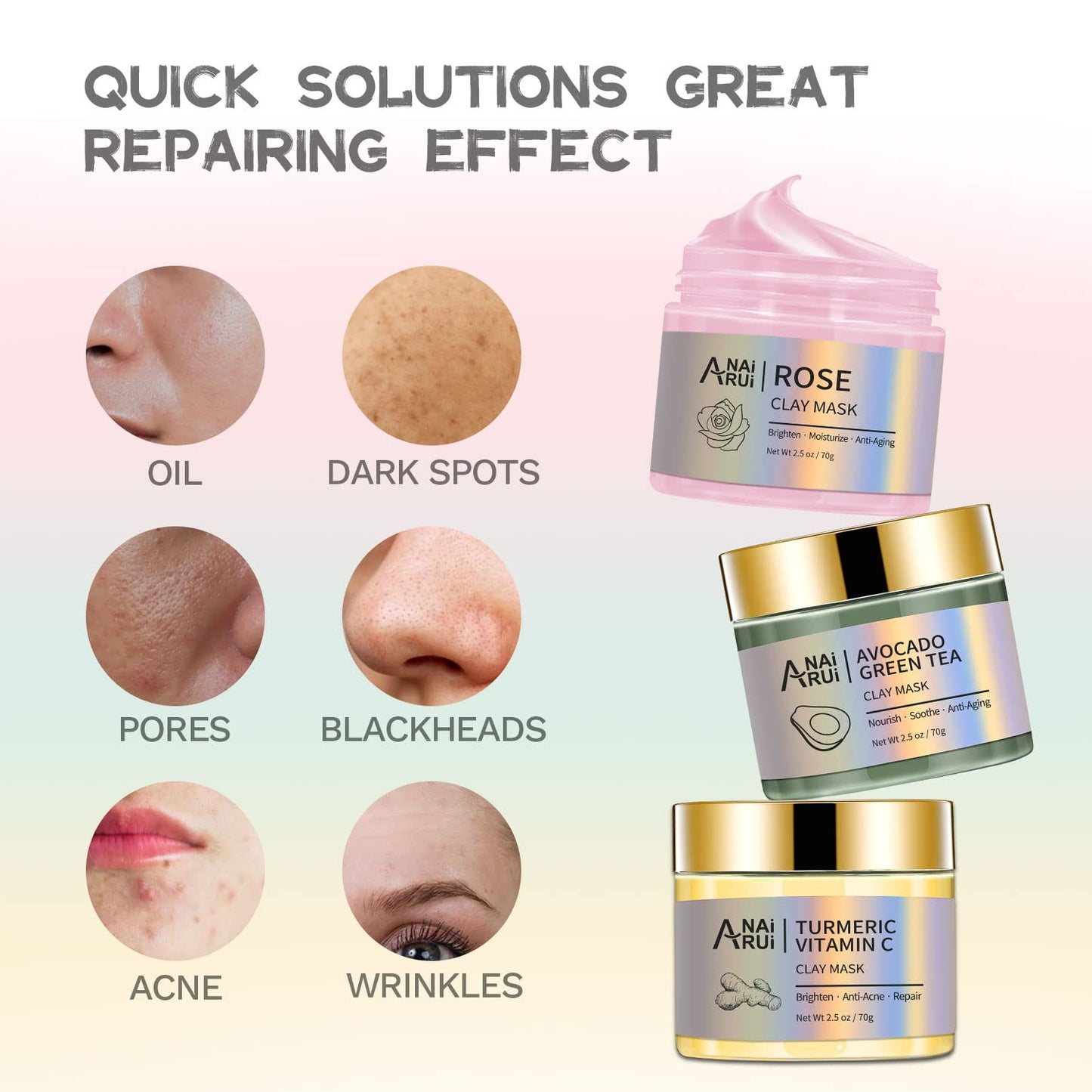 ANAI RUI 3 Pack Pore Purity Cleansing Clay Mask Set Absorbs Excess Oil,Turmeric Vitamin C Clay Mask -Rose Facial Mask -Avocado Green Tea Mud Mask,Facial Mask Skincare for Deep Cleansing 2.5 oz each - Medaid International