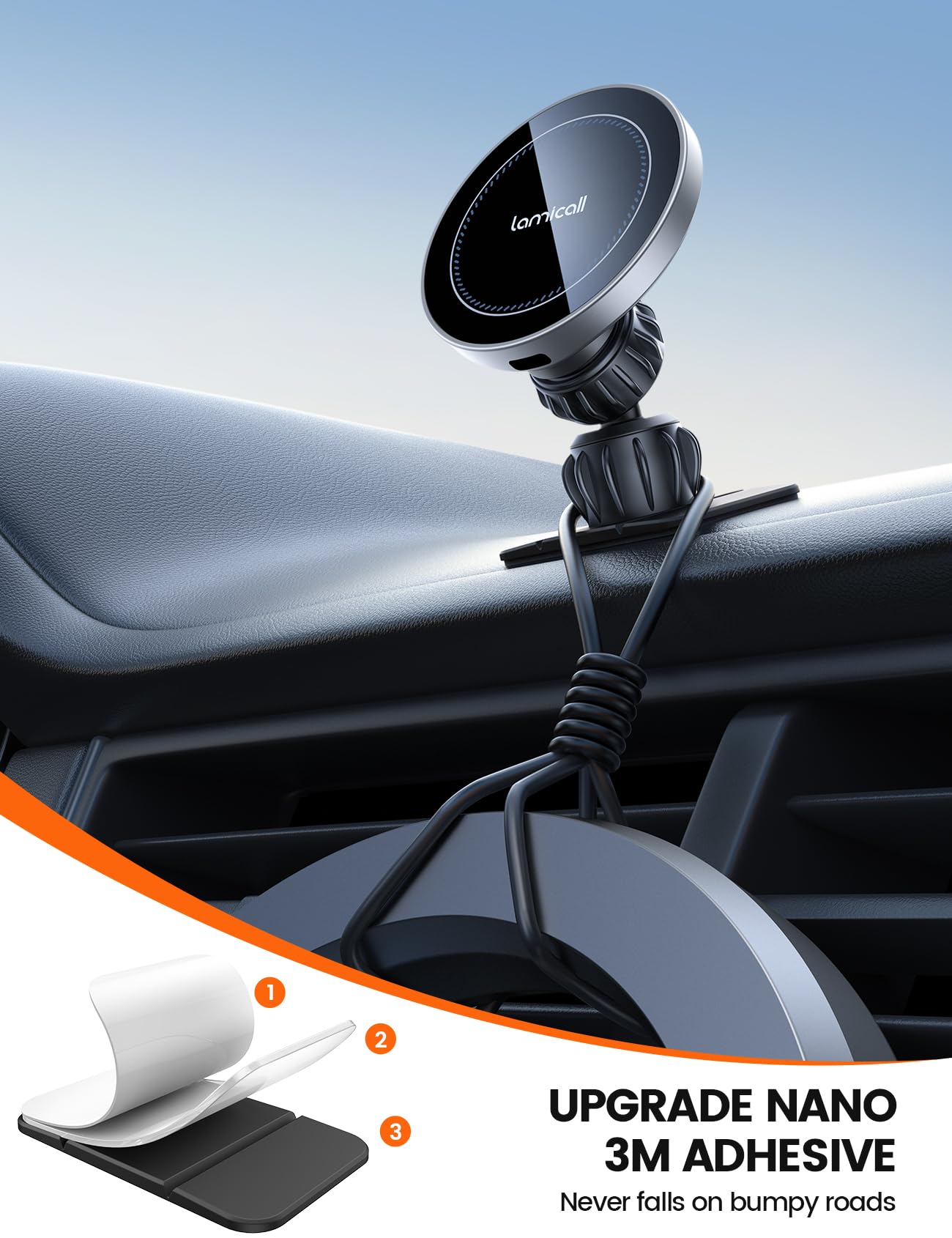 Lamicall 15W Wireless Car Mount Charger - [3-in-1 Upgraded Intelligent Chip] 360° Wireless Car Phone Holder Vent Dashboard Magnetic Car Charger for iPhone 16 Pro Max Silver - Medaid International