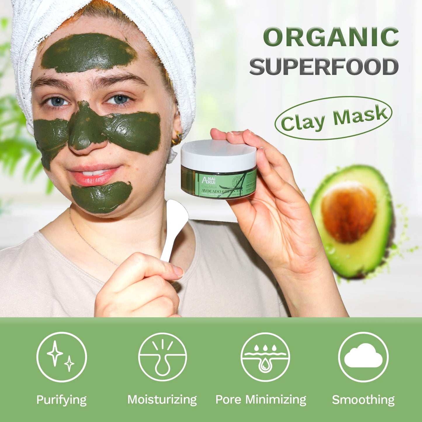 ANAI RUI Green Tea Face Mask with Avocado, Clay Facial Mask for Acne, Detox, Face Cleansing Mask, Hydrating, Nourishing, Soothing, 120g/4.23 oz - Medaid International