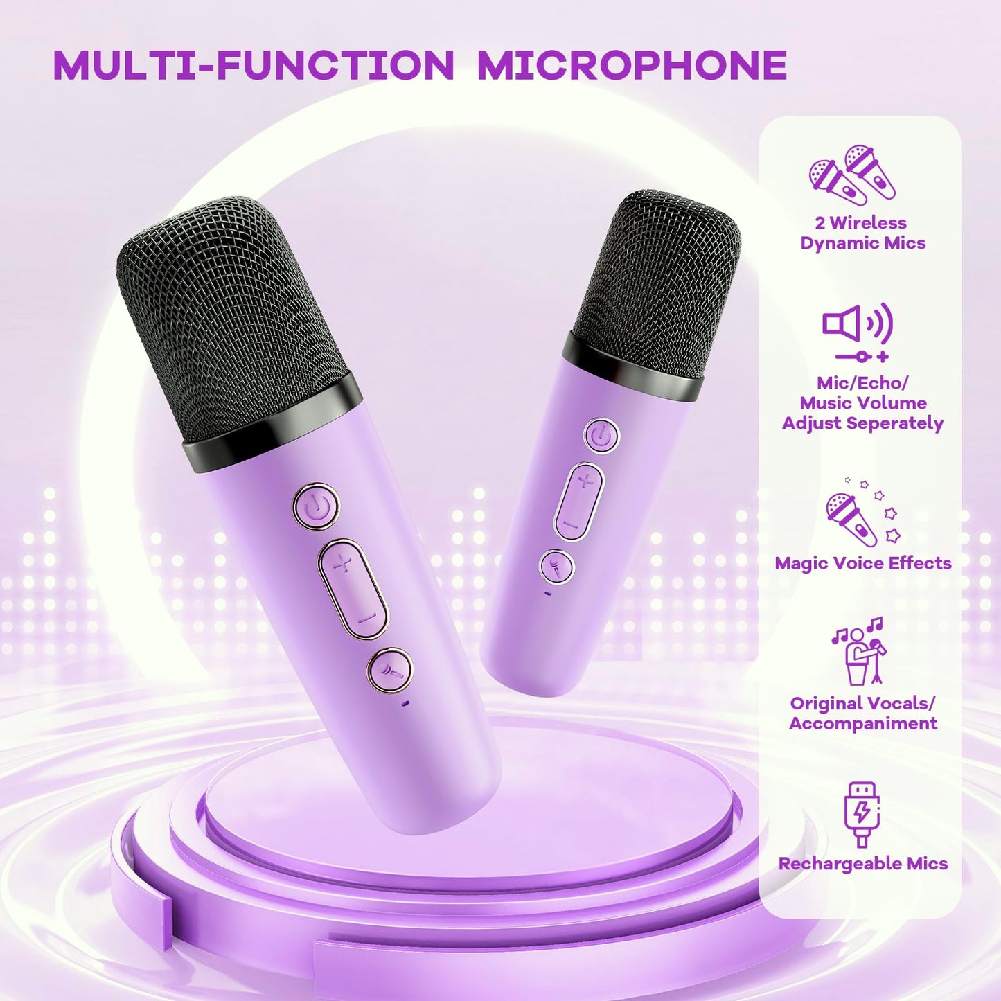 YLL Mini Karaoke Machine with 2 Wireless Microphones, TOP Kids Gifts for Girls Ages 3, 4, 5, 6, 7, 8, 9, 10, 11, 12 +Years Old, 4-12th Christmas Birthday Toy Gift for Girls Boys Party (Purple) - Medaid International