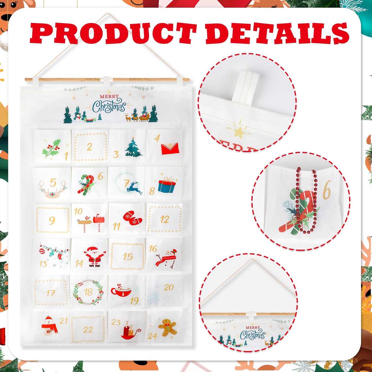 HOWAF 2025 Christmas Advent Calendar (Countdown to Christmas), 24 Days Mystery Christmas Countdown Calendar with 24 Pockets for Xmas Holiday Home Wall Decoration, White Gold Xmas Calendars - Medaid International
