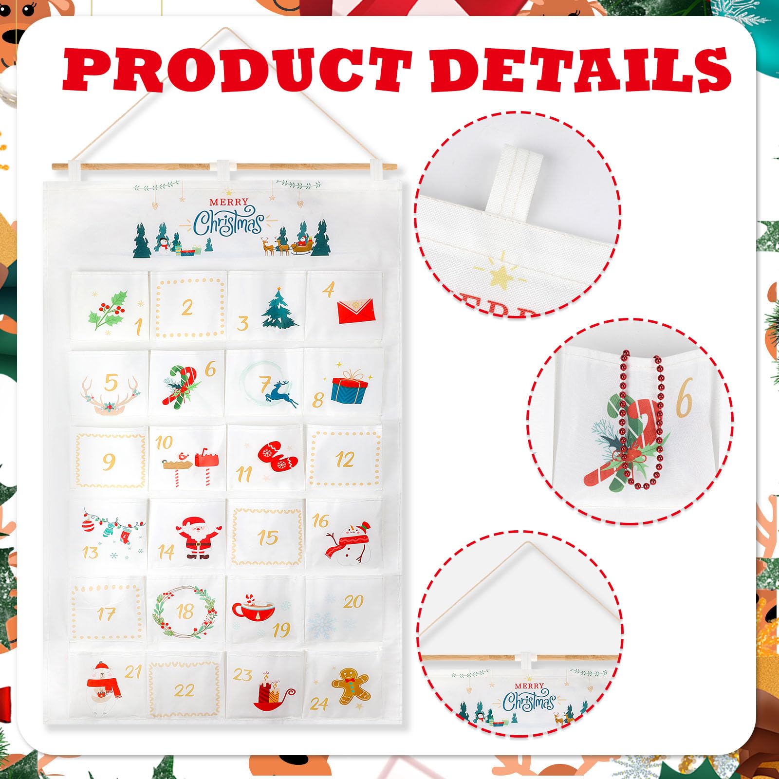 HOWAF 2025 Christmas Advent Calendar (Countdown to Christmas), 24 Days Mystery Christmas Countdown Calendar with 24 Pockets for Xmas Holiday Home Wall Decoration, White Gold Xmas Calendars - Medaid International