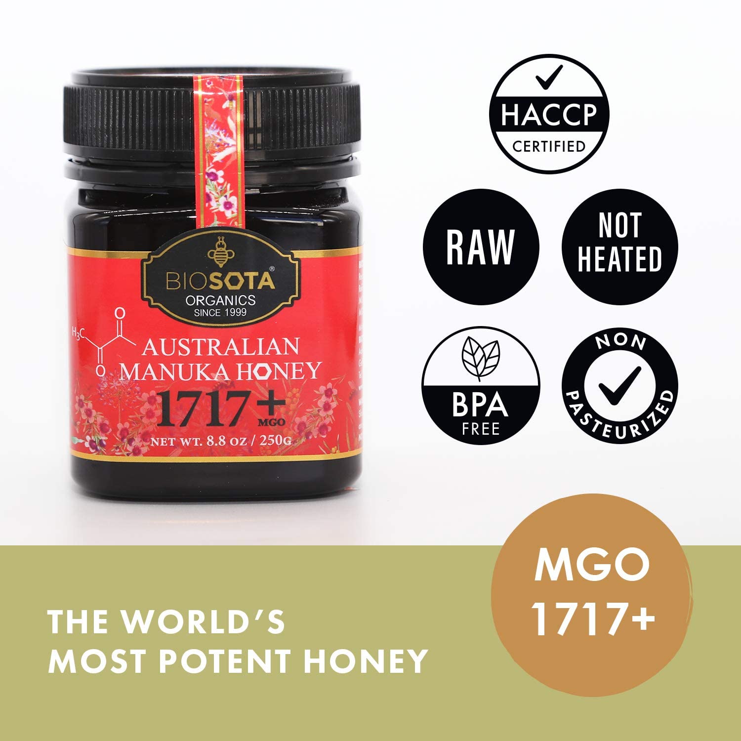 BIOSOTA Organic Manuka Honey MGO 1717+ - Medical Grade Manuka Honey from Australia NPA/ULF 31+, 100% Raw Unheated Pure Honey, 8.8oz (1717+) - Medaid International