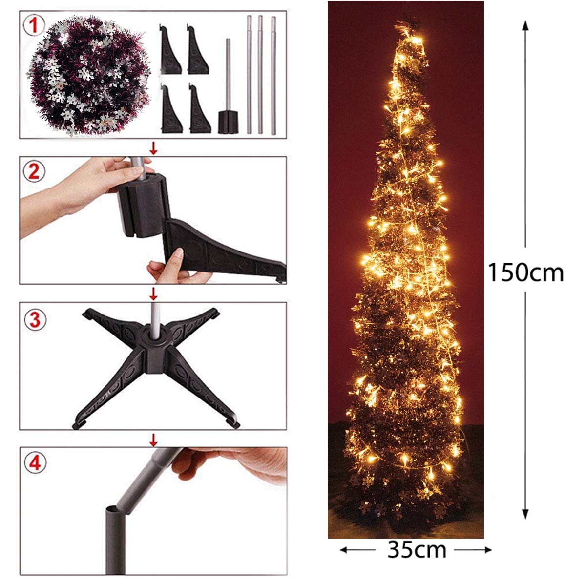 Pop-Up Artificial Christmas Tree with 100LED Lights,Collapsible Pencil Christmas Trees for Holiday Carnival Party Christmas Decorations (Red Wine) - Medaid International