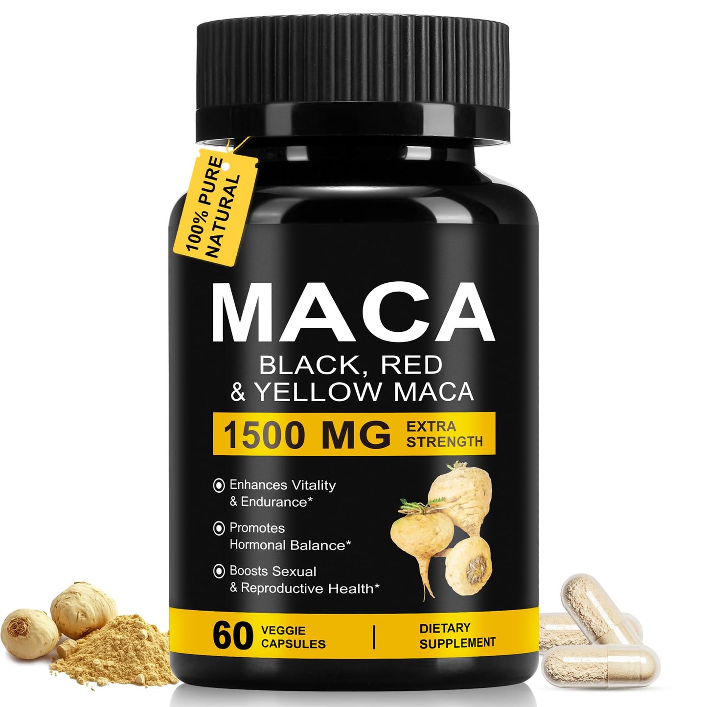 Daiasns Organic Maca Root Powder Capsules 1500 mg with Black + Red + Yellow Peruvian Maca Root Extract Supplement for Men and Women - 60 Vegan Capsules - Medaid International