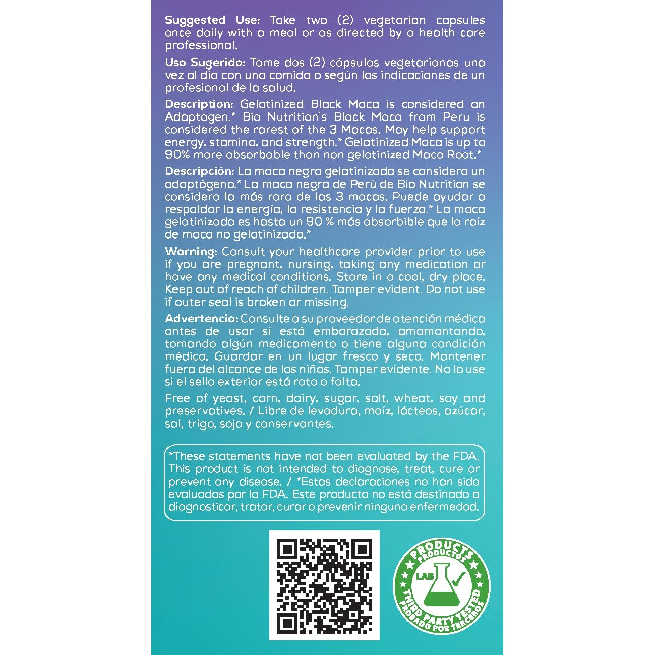 Bio Nutrition Gelatinized Black Maca 60 Vegetarian Capsules | 1,500 mg per Serving | Energy Boost | Calcium | Magnesium | Phosphorus - Medaid International