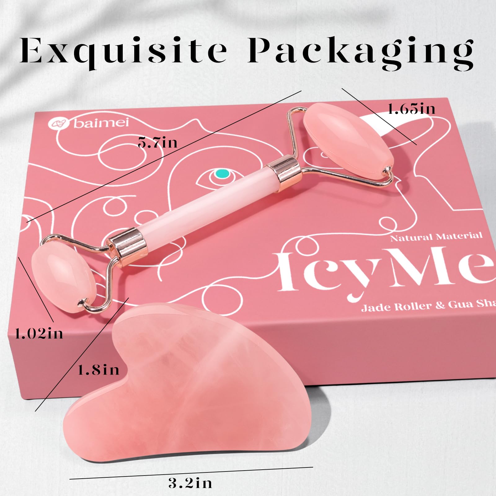 BAIMEI Jade Roller & Gua Sha, Face Roller, Facial Beauty Roller Skin Care Tools, Self Care Gift for Men Women, Massager for Face, Eyes, Neck, Relieve Fine Lines and Wrinkles - Rose Quartz - Medaid International