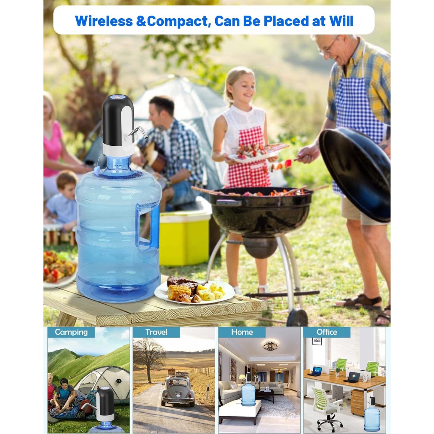 Myvision Water Dispenser for 5 Gallon Bottle, Portable USB Charging Electric Water Pump, Drinking Water Jug Pump for Home, Kitchen, Living Room, Office, Camping, Universal for 3-5 Gallon (Black) - Medaid International