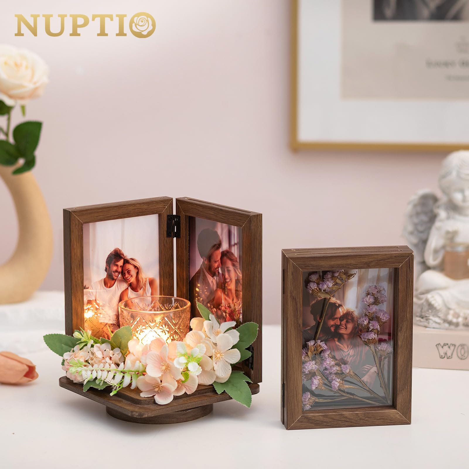 NUPTIO Rotating Picture Frames Cube: 4x6 Inch Double Wooden Brown Photo Frame for Wedding Christmas Birthday Anniversary Office Home Desk - Medaid International