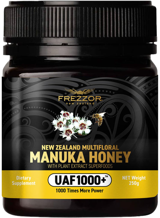 FREZZOR Premium New Zealand Raw Multifloral Manuka Honey with UAF1000+ Super Antioxidant, 230% More Bioactive, Best Support for Everyday Wellness, Antioxidant Superfood, 1 Jar (8.8oz/250g) - Medaid International