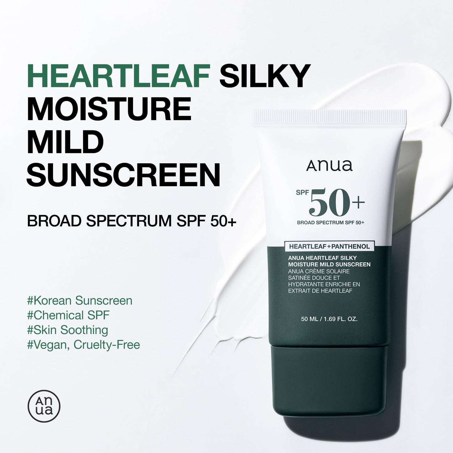 Anua Heartleaf Silky Moisture Mild Sunscreen, Broad Spectrum SPF 50+ with Moisturizing Formula, Lightweight Korean Sunscreen, Natural finish, Vegan, korean skin care 50ml / 1.69 fl. oz. - Medaid International