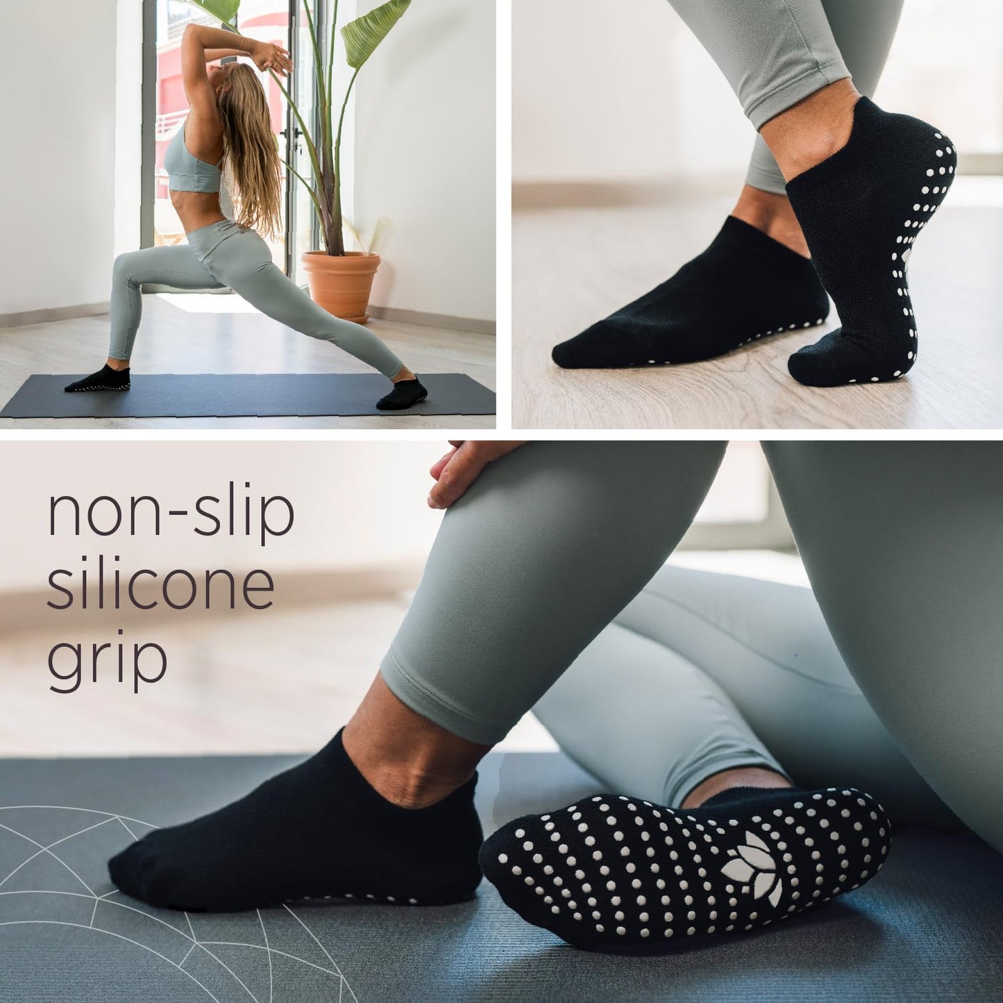 All Things Accessory Pilates Grip Socks for Women, Non-Slip Socks with Grippers for Yoga Barre Hospital, 3 Pairs Size 6-10 (Black) - Medaid International