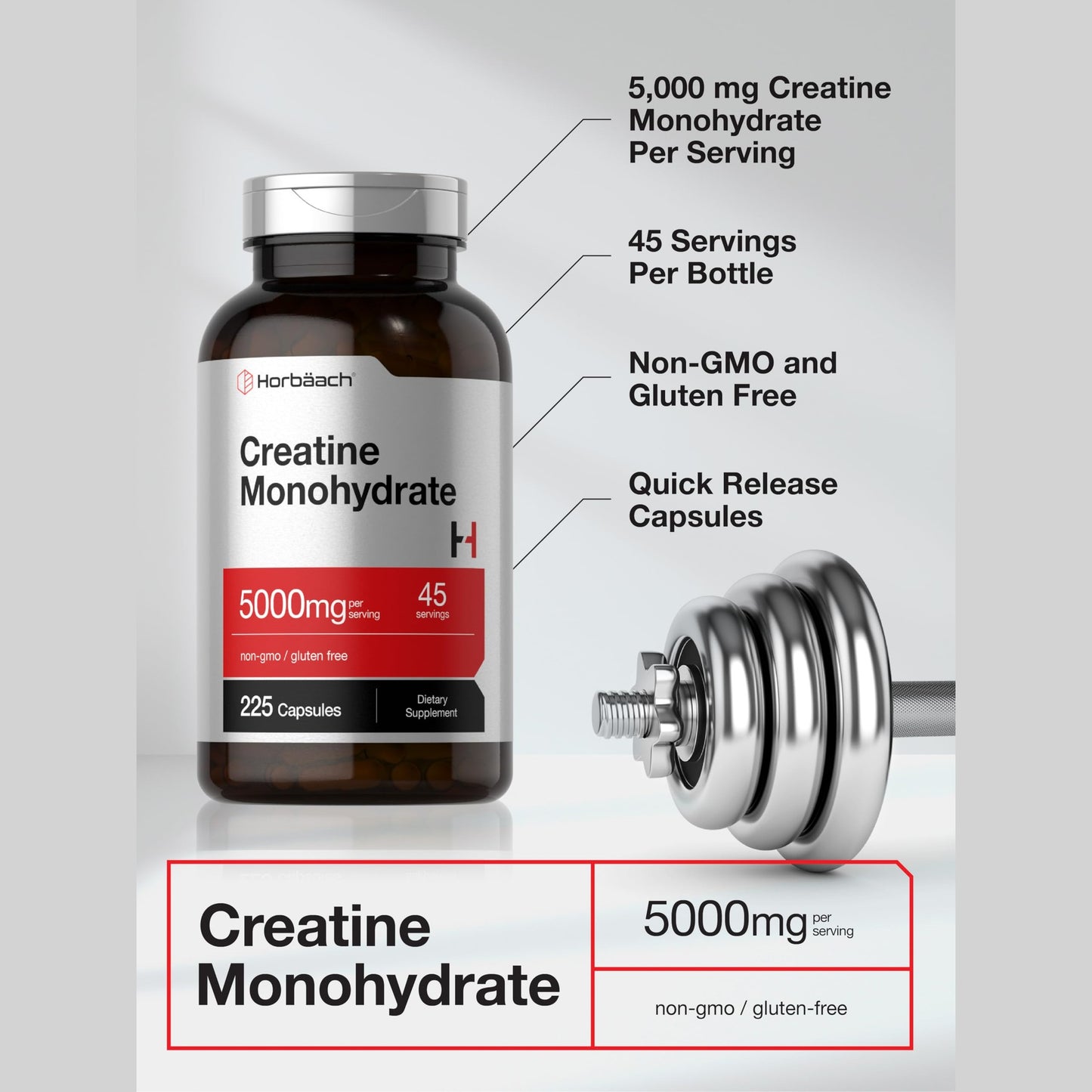 Horbäach Creatine Monohydrate | 5g | 225 Capsules | Non-GMO, Gluten Free Supplement - Medaid International