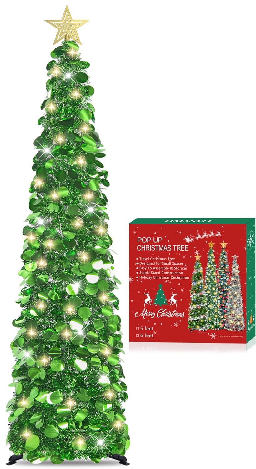 HMASYO 5 FT Pop Up Christmas Tree with Timer Lights, Green Christmas Tinsel Tree, Collapsible Artificial Pencil Christmas Tree for Indoor Home Apartment Porch Holiday Party Decorations - Medaid International