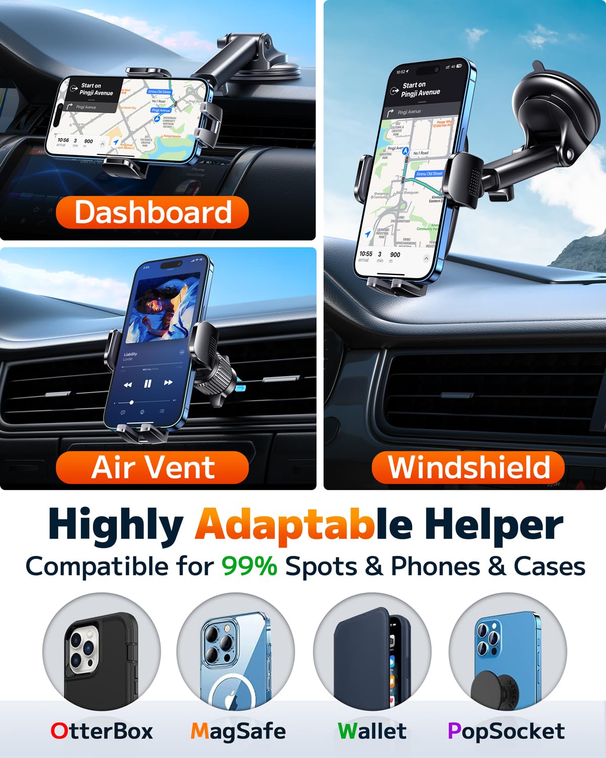 Qifutan Car Phone Holder Mount Phone Mount for Car Windshield Dashboard Air Vent Universal Hands Free Automobile Cell Phone Holder Fit for iPhone Smartphone Camera Mounts - Medaid International