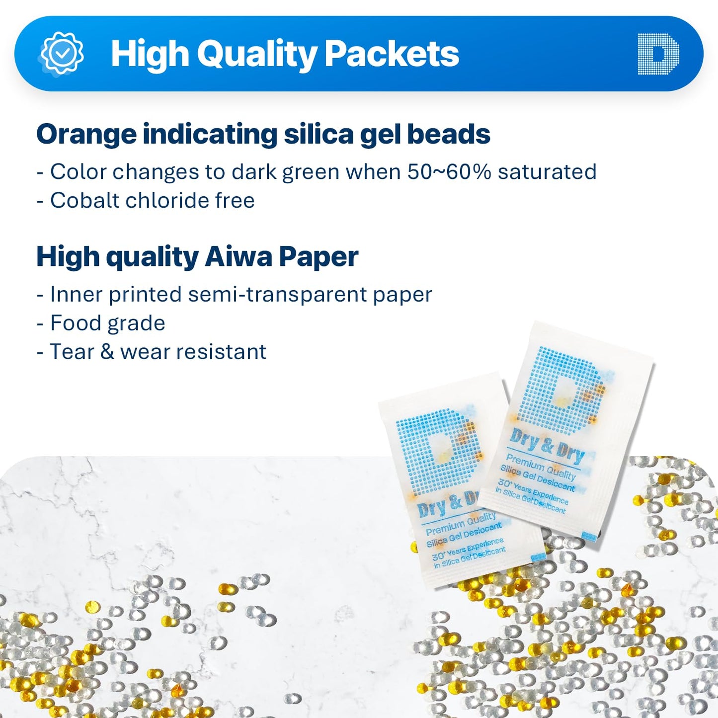 Dry & Dry Premium Orange Indicating Silica Gel Packets Desiccants - Food Safe Silica Gel Packets - Orange - 120 Packets (2 Gram) - Medaid International