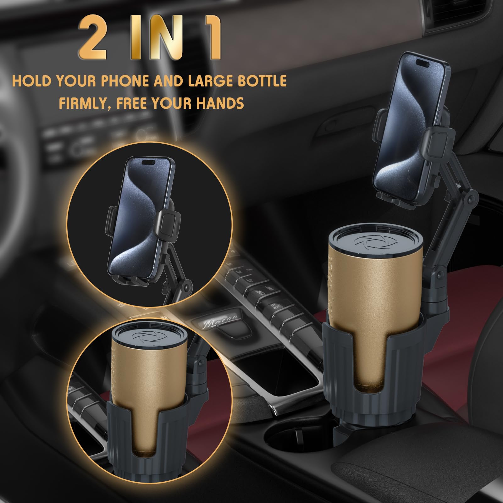 Phone Holders for Your Car, 2 in 1 Universal Cup Holder Expander Adjustable Base with Phone Mount, Long Arm with 360°Rotation Cup Holder Phones Mount for Car Compatible with All Smartphones - Medaid International